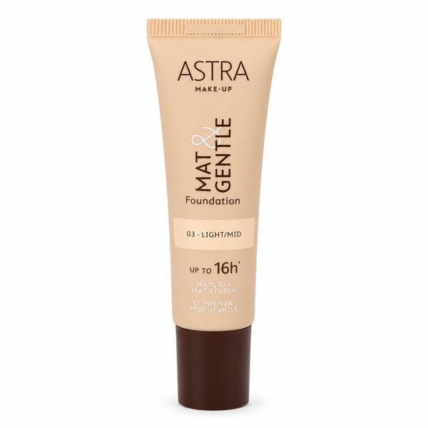 Astra Make Up Mat & Gentle Foundation Light/mid, vloeibare foundation voor een matte finish.