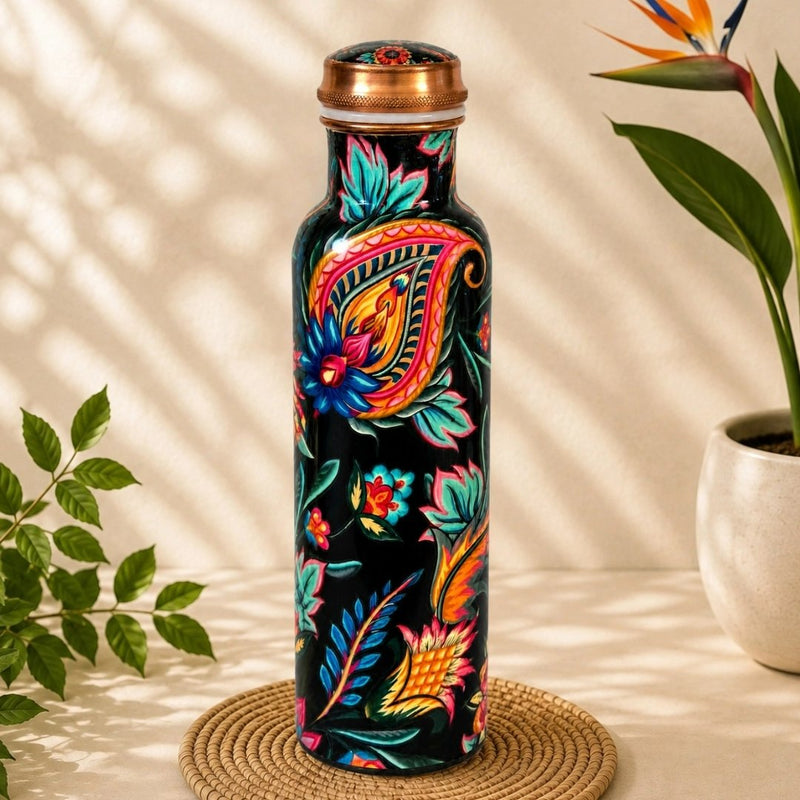 Ayurveda Specialist Pure Copper Water Bottle with Floral Print, koperen waterfles met bloemenprint