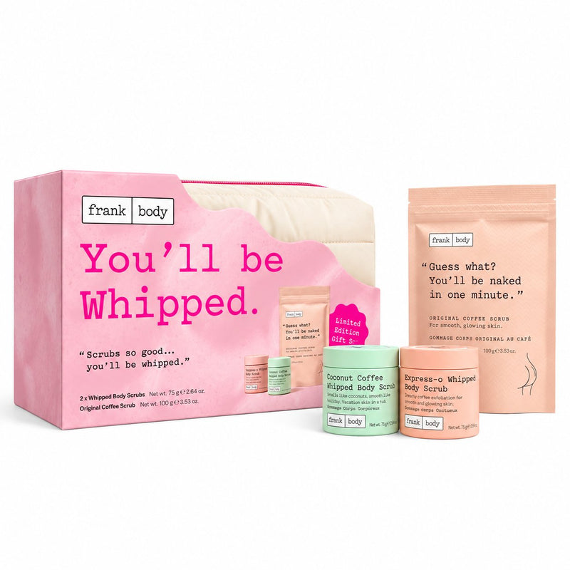Frank Body You'll Be Whipped Kit, giftset met drie koffie body scrubs en tas