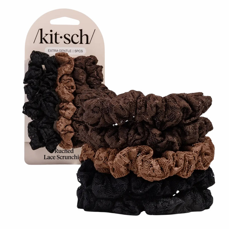 Kitsch Ruched Lace Scrunchies Set Black Chocolate & Mocha