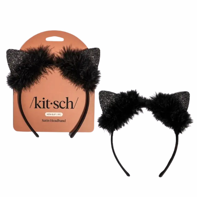 Kitsch Satin Cat Ears Headband Black Glitter