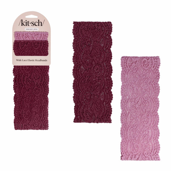 Kitsch Wide Lace Elastic Headbands Set Cherry Lacquer & Dusty Pink