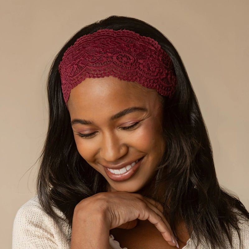 Kitsch Wide Lace Elastic Headbands Set Cherry Lacquer & Dusty Pink
