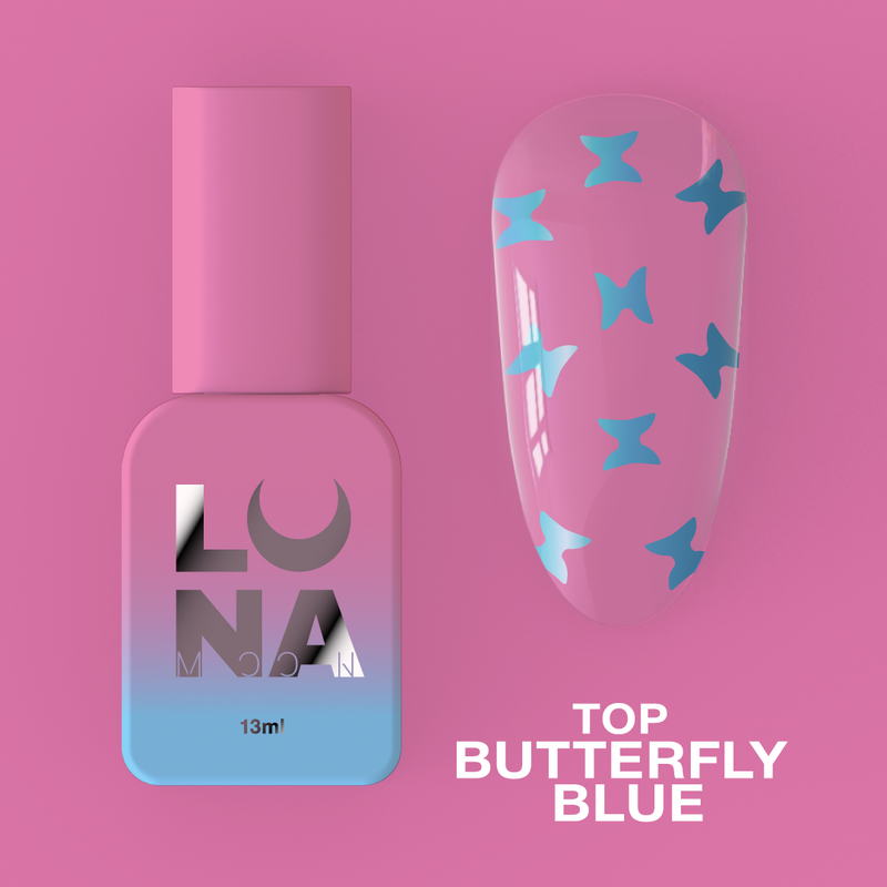 Lunamoon Top Butterfly Blue, gellak top coat met blauwe vlinder glitter