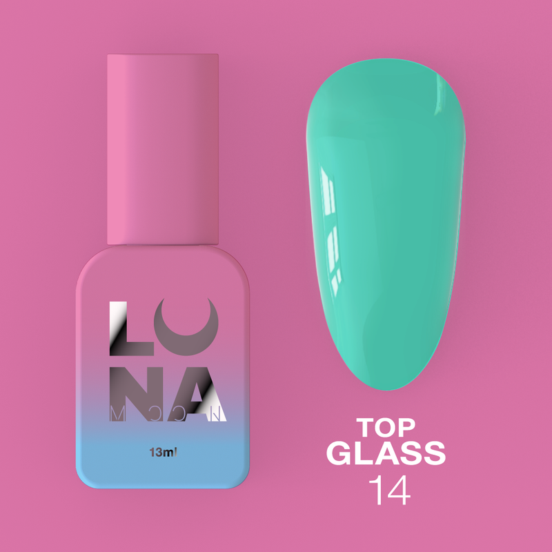 Lunamoon Top Glass Nr14, gekleurde gellak topcoat zonder plaklaag voor langdurige glans.