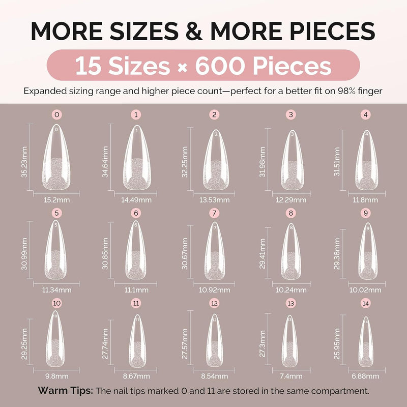 Full Cover Soft Gel Nail Tips Long Almond Stiletto 600pcs