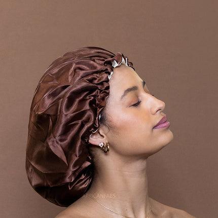 African Fabs Chocolate Brown Satin Hair Bonnet Reversable