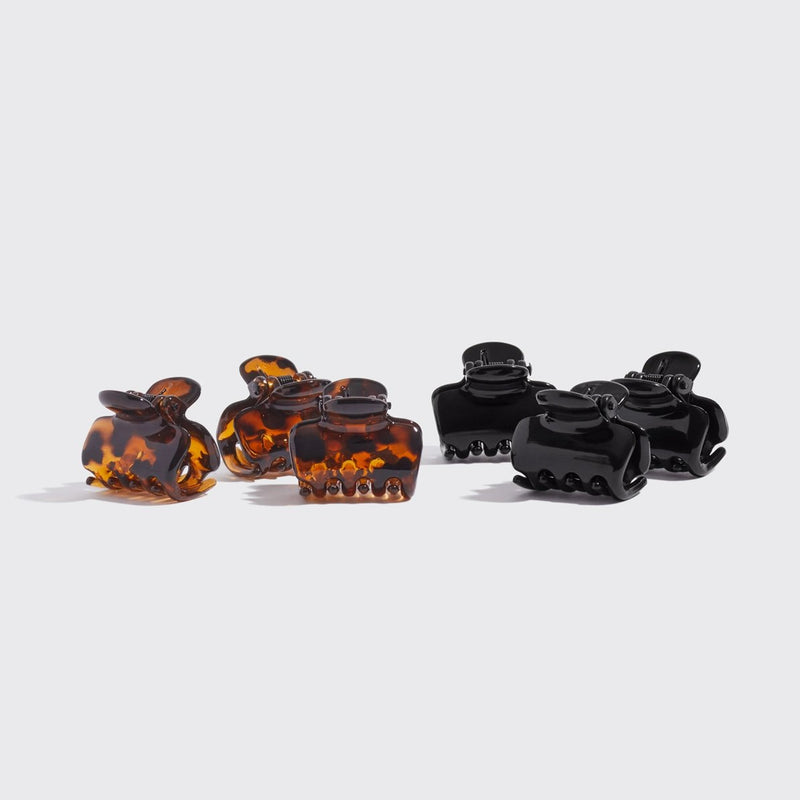 Kitsch Mini Puffy Claw Clips 6pc Set Black and Tort, set van 6 mini haarclips in zwart en tortoise