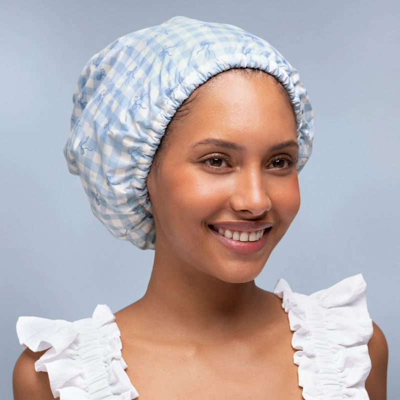 Kitsch Satin Lined Flexi Shower Cap Gingham Blue
