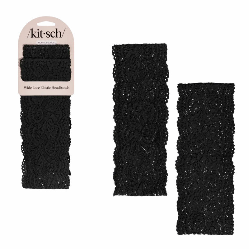 Kitsch Wide Lace Elastic Headbands 2pc Set Black