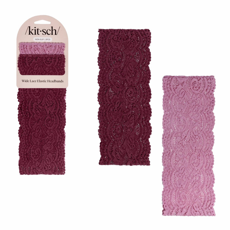 Kitsch Wide Lace Elastic Headbands Set Cherry Lacquer & Dusty Pink