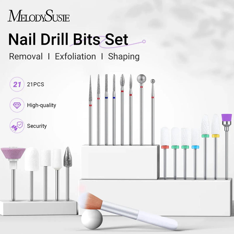 MelodySusie Ceramic Diamond Carbide Nail Drill Bits with Portable Holder Case 21Pcs