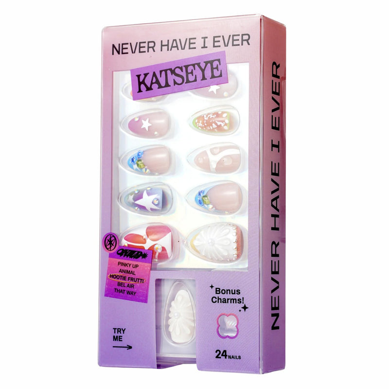 Never Have I Ever Press-on Nails Katseye Hootie Frutti, kleurrijke nepnagels met fruitig design.