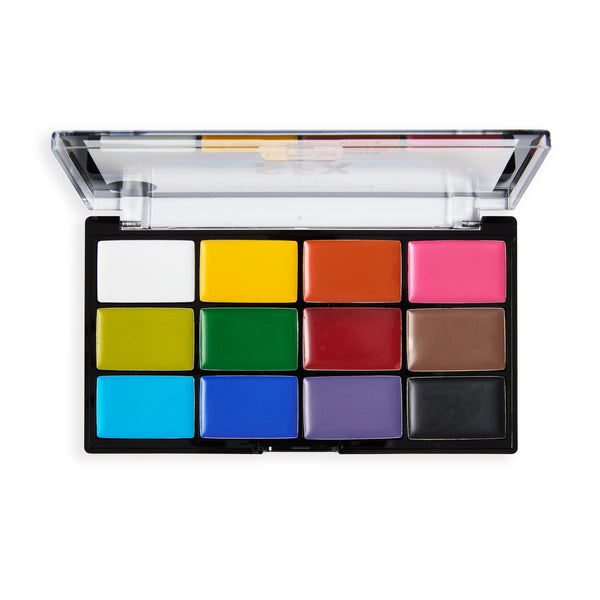 Geopend SFX Face Paint Palette met 12 crèmekleuren van wit en geel tot blauw, paars en zwart