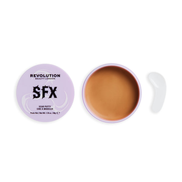 Geopend potje SFX Scar Putty met huidkleurige wax en de deksel ernaast