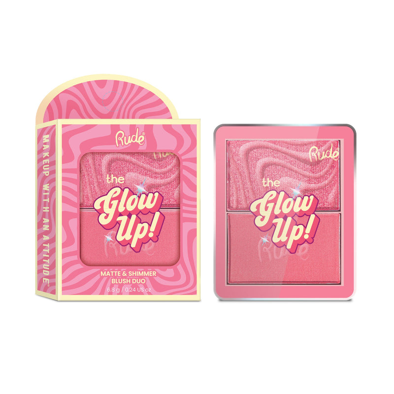 Rude Cosmetics The Glow Up! Matte & Shimmer Blush Duo Pink Aura, 2-in-1 blush duo